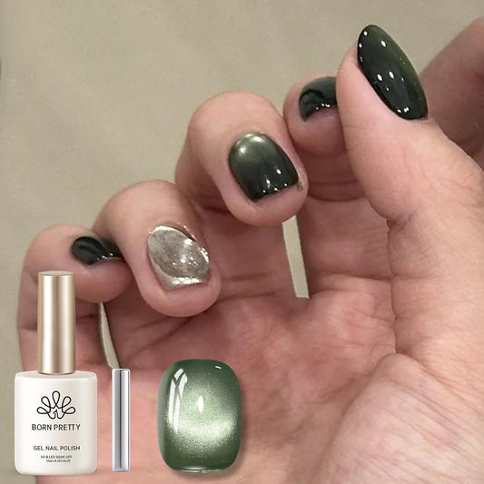 BORN PRETTY Cat Magnetic Eye Gel Nail Polish,Dark Emerald Jelly Glass Magnetic Gel Polish,Green Glitter Soak Off Nail Art Salon Manicure Home Gift 15ml | alldaygood beauty