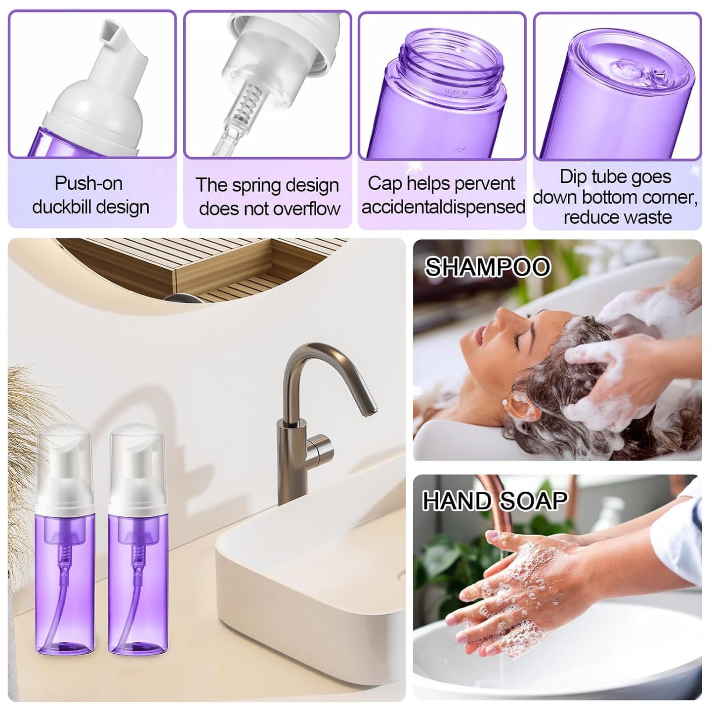 Zhehao 80 Pcs Lash Shampoo Bottle Brushes Kit 20 Foam Pump Dispensers 20 Lash Shampoo Brushes 20 Eyelash Aftercare Bag 20 Cleaning Pipes, Eyelash Extension Supplies(Purple)