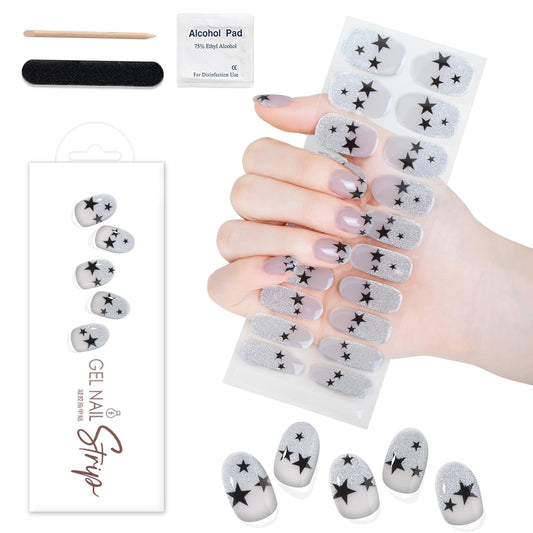 WOKOTO 1 Sheet Semi Cured Gel Nail Strips With Wood Stick, Nail File & Prepared Pads, 20 Tips Star & Glitter French Semi Cured Nail Polish Strips, Harden With UV Light Gel Nail Stickers Wraps | alldaygood beauty