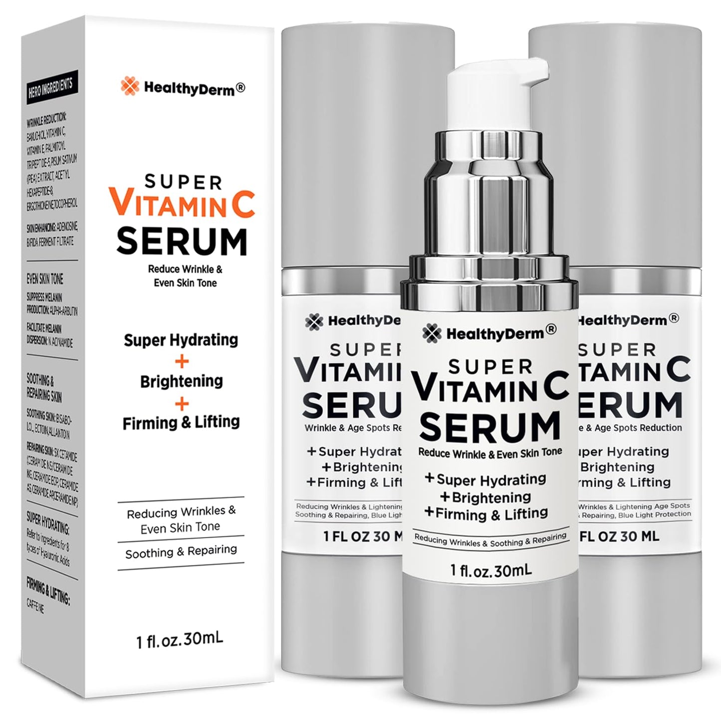 Super Vitamin C Serum for Women Over 70: Niacinamide, Vitamin C, Hyaluronic Acid, Peptides, Vitamin E, Caffeine, Bakuchiol, Hydrating, Lifting, Wrinkle & Age Spots Reduction Pack of 3
