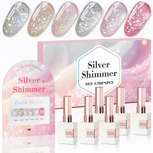 Double Rhythm 0.5 Oz Glitter Gel Polish Set of 6 Color with Display Board 15 ml Full Size Kit Shimmer Reflective Sparkle Soak Off Manicure Salon DIY at Home (Gold Silver Light Pink Rose-T6-35) | alldaygood beauty