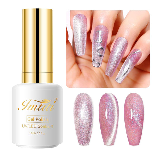 Imtiti Aurora Pink Cat Eye Gel Nail Polish, 15ml Galaxy Pink Holographic Glitter Cat Eyes Magnetic UV Soak Off Gel Nail Polish with Magnet Set | alldaygood beauty