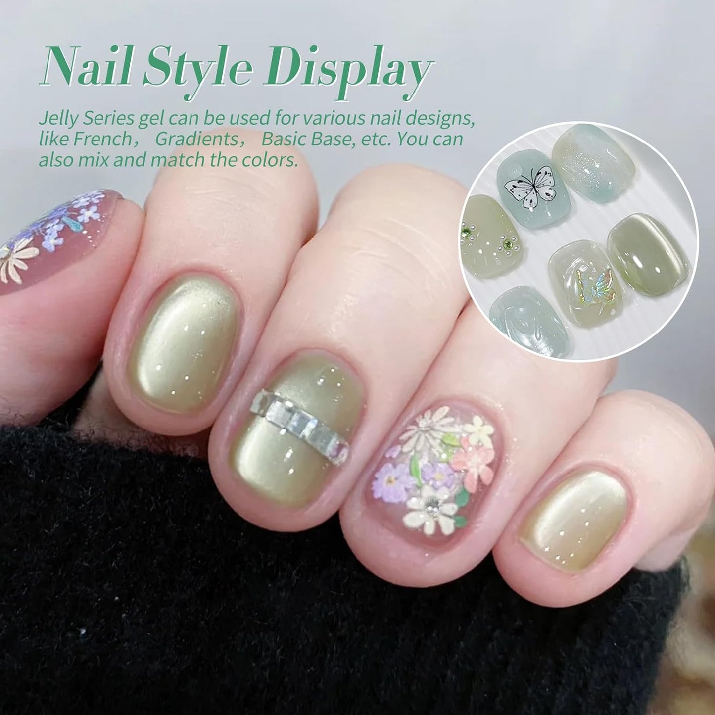 Born Pretty Christmas Green Gel Nail Polish,Jelly Transparent Gel Polish,Cat Magnetic Eye,Shimmer Glitter Green Gel Polish Kit for Salon Manicure and Nail Art DIY at Home 6Colors