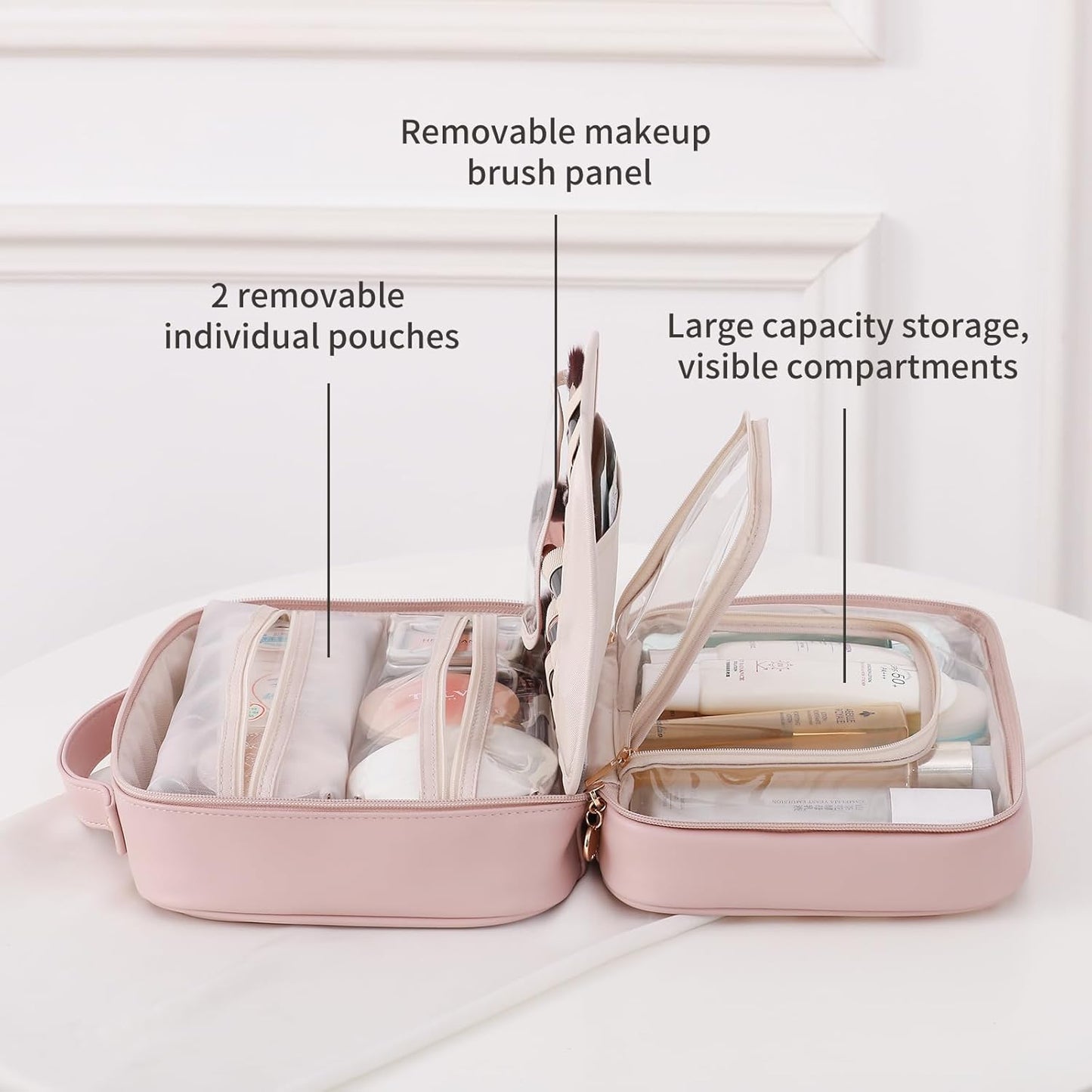 RIGHT AWAY Travel Toiletry Bag for Women, Waterproof Makeup Bag&Case, Portable Cosmetic Organizer Checkered Make up Bag for Full Sized Toiletries，Cosmetics and Travel-Size Accessories,Pink Checkered