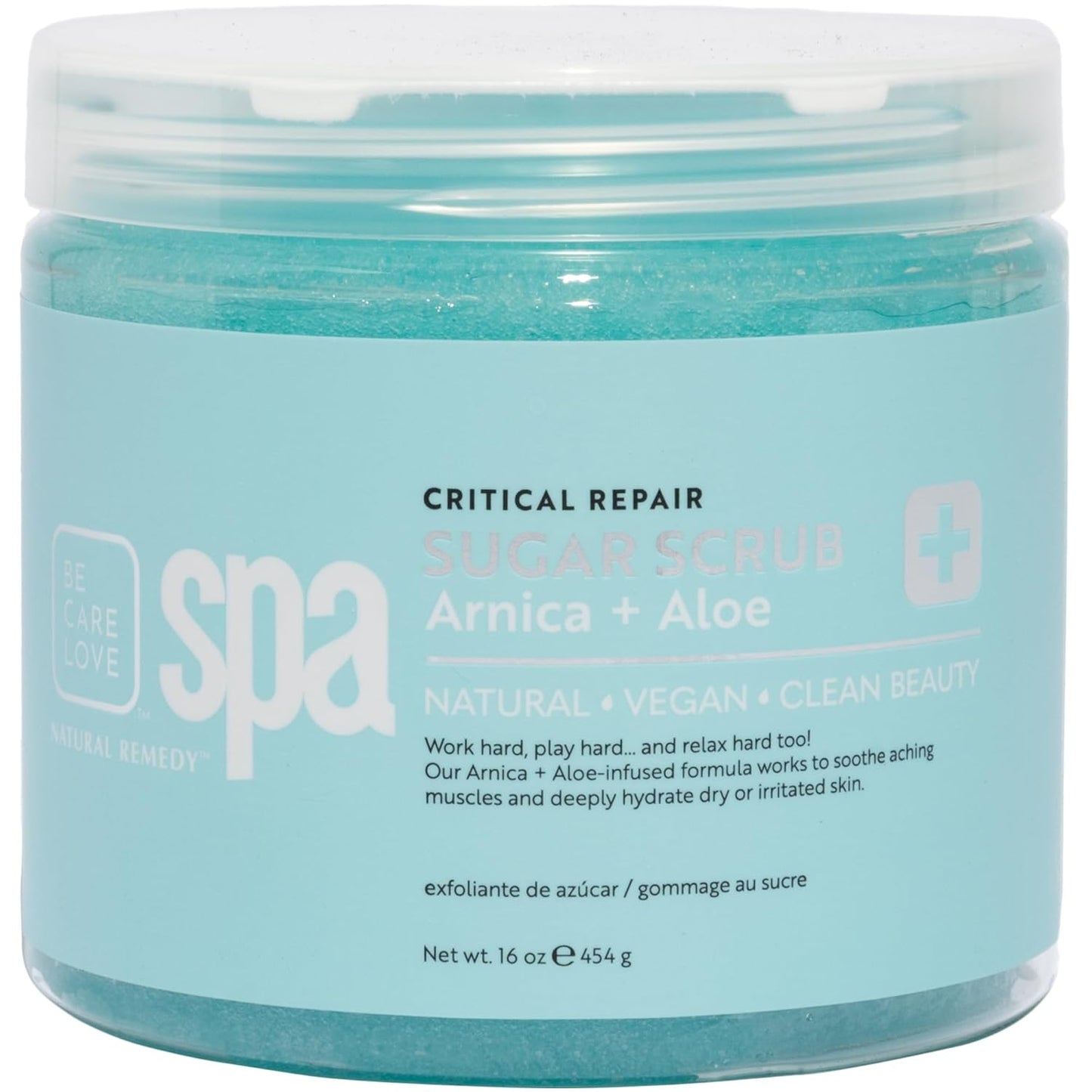 BCL Spa Critical Repair organic sugar scrub with Arnica and Aloe Vera, Hydrating & Exfoliating Body Scrub, Soothing & Nourishing organic botanical extracts & oils for hands, body, and foot spa, 16 oz
