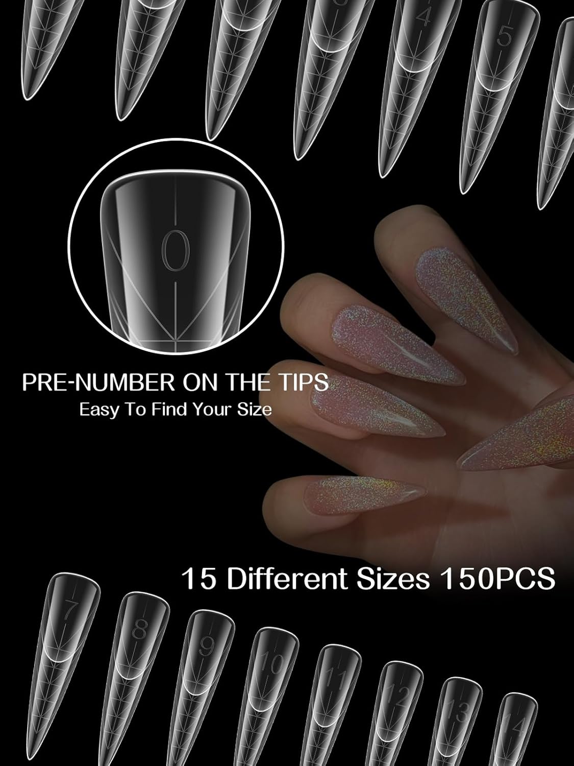 TOROKOM 150Pcs Poly Extension Gel Dual Nail Forms Clear Nail Forms Full Stiletto Nail Molds 15 Sizes for Gel Manicure Nail Art Design Salon&DIY