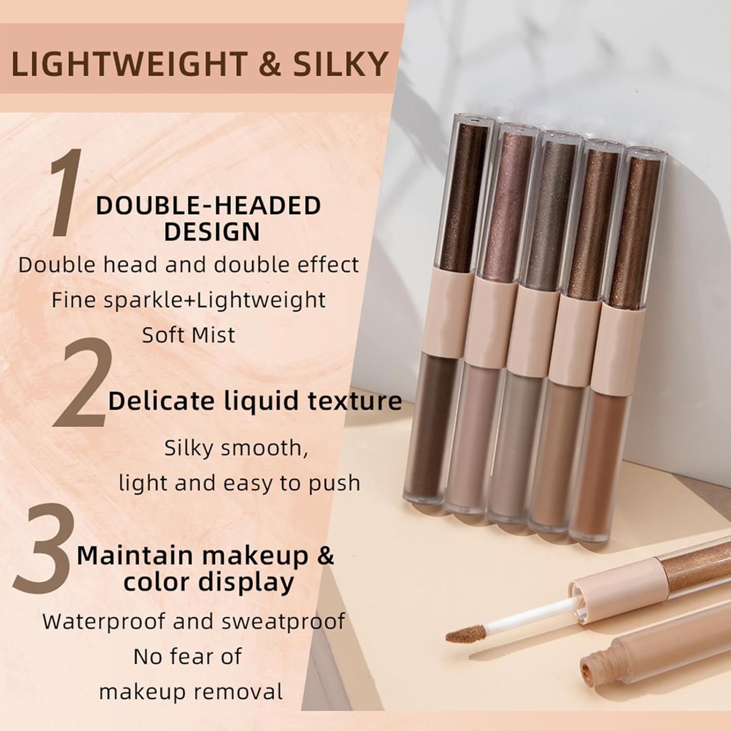 Rosy Brown Liquid Eyeshadow Matte Double Ended Glitter Metallic Eyeshadow Pencil Primer Base Quick Drying Waterproof Long Lasting Highlight Stick Shadow Pen Eye Makeup (#1)