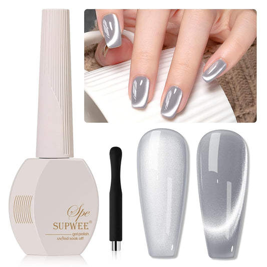 Silver Cat Eye Gel Nail Polish, Glitter Holographic Gel Polish with Magnet Moonlight Jelly Glass Magnetic Effect Soak Off U V Salon DIY at Home, 0.5 OZ | alldaygood beauty