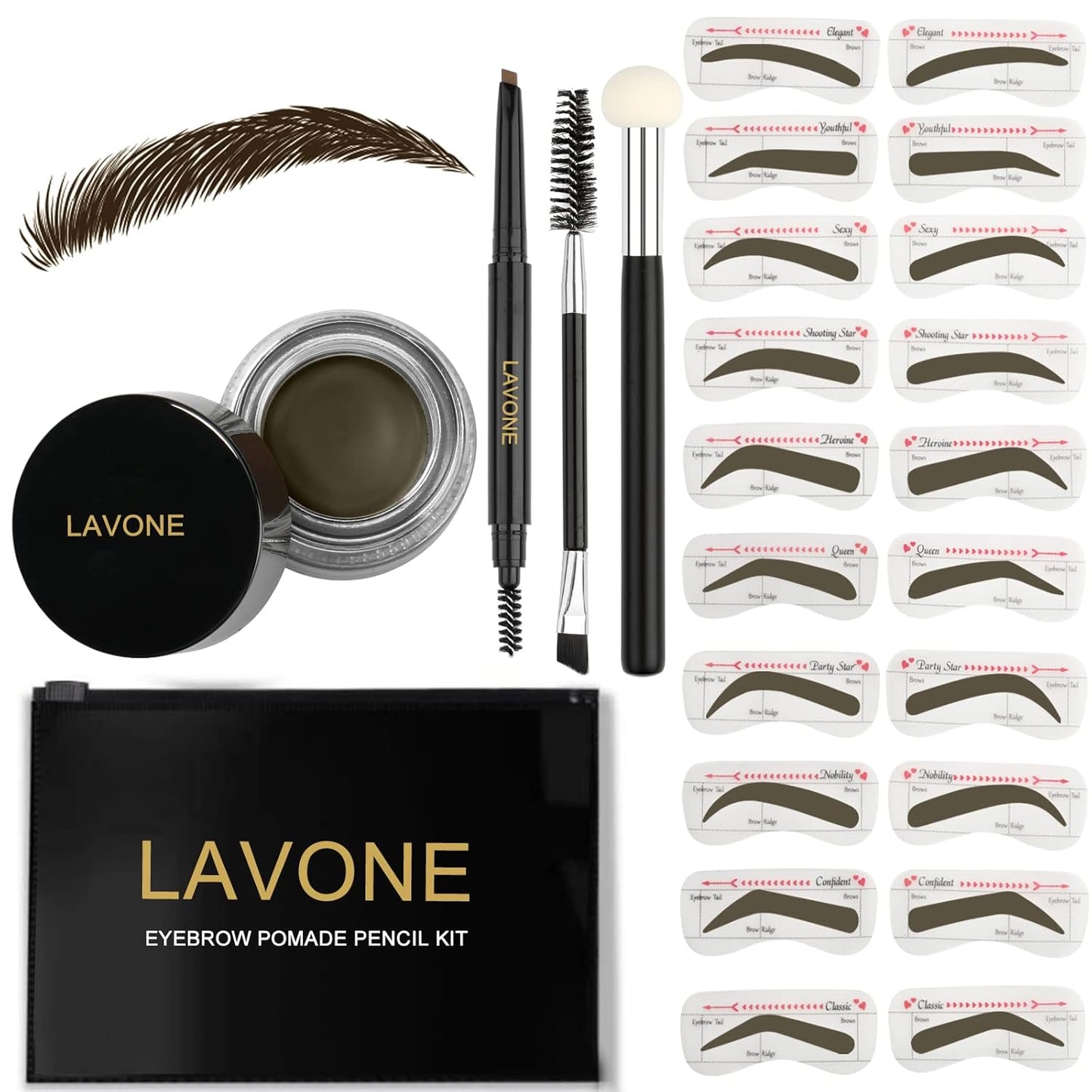 LAVONE Eyebrow Stamp Stencil Kit for Eyebrows, Brow Stamp Trio Kit with Waterproof Eyebrow Pencil, Eyebrow Pomade, 20 Eyebrow Stencils, Dual-ended Eyebrow Brush and Sponge Applicator - Ebony