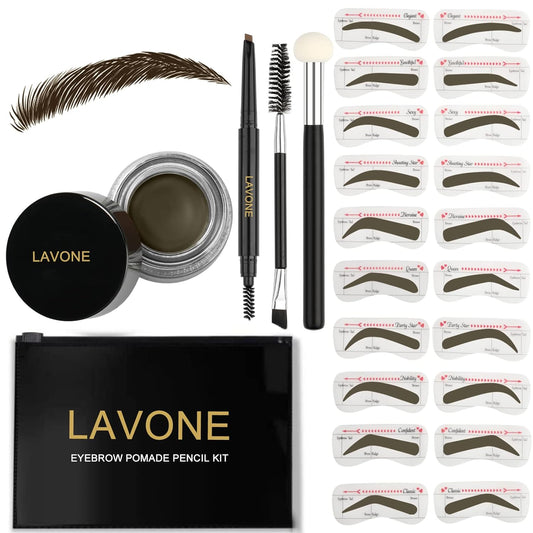 LAVONE Eyebrow Stamp Stencil Kit for Eyebrows, Brow Stamp Trio Kit with Waterproof Eyebrow Pencil, Eyebrow Pomade, 20 Eyebrow Stencils, Dual-ended Eyebrow Brush and Sponge Applicator - Ebony