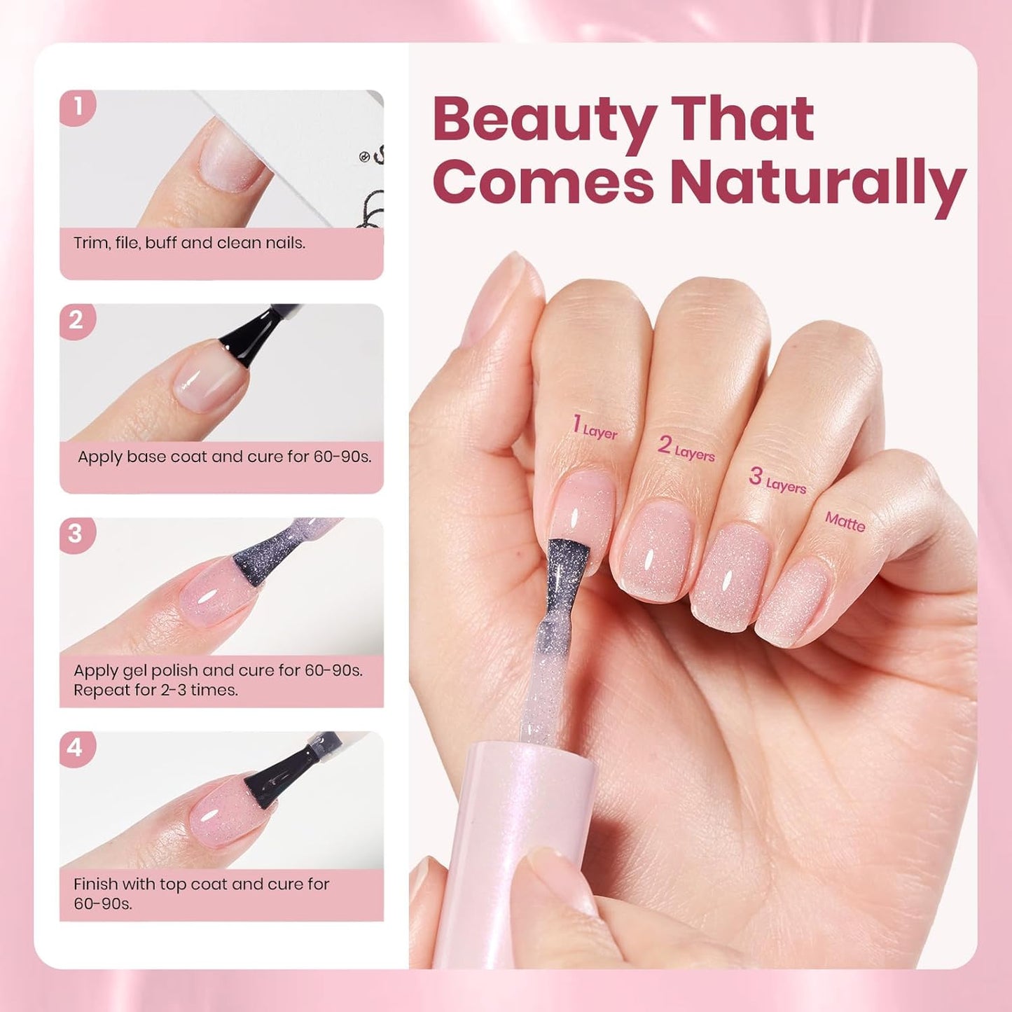 Beetles Glitter Pink Gel Nail Polish - 15ML Soft Glow Fragments Pink Nude Natural Glitter Gel Polish Soak Off UV French Nail Art Salon DIY Manicure Colorful Bottle Gift for Women