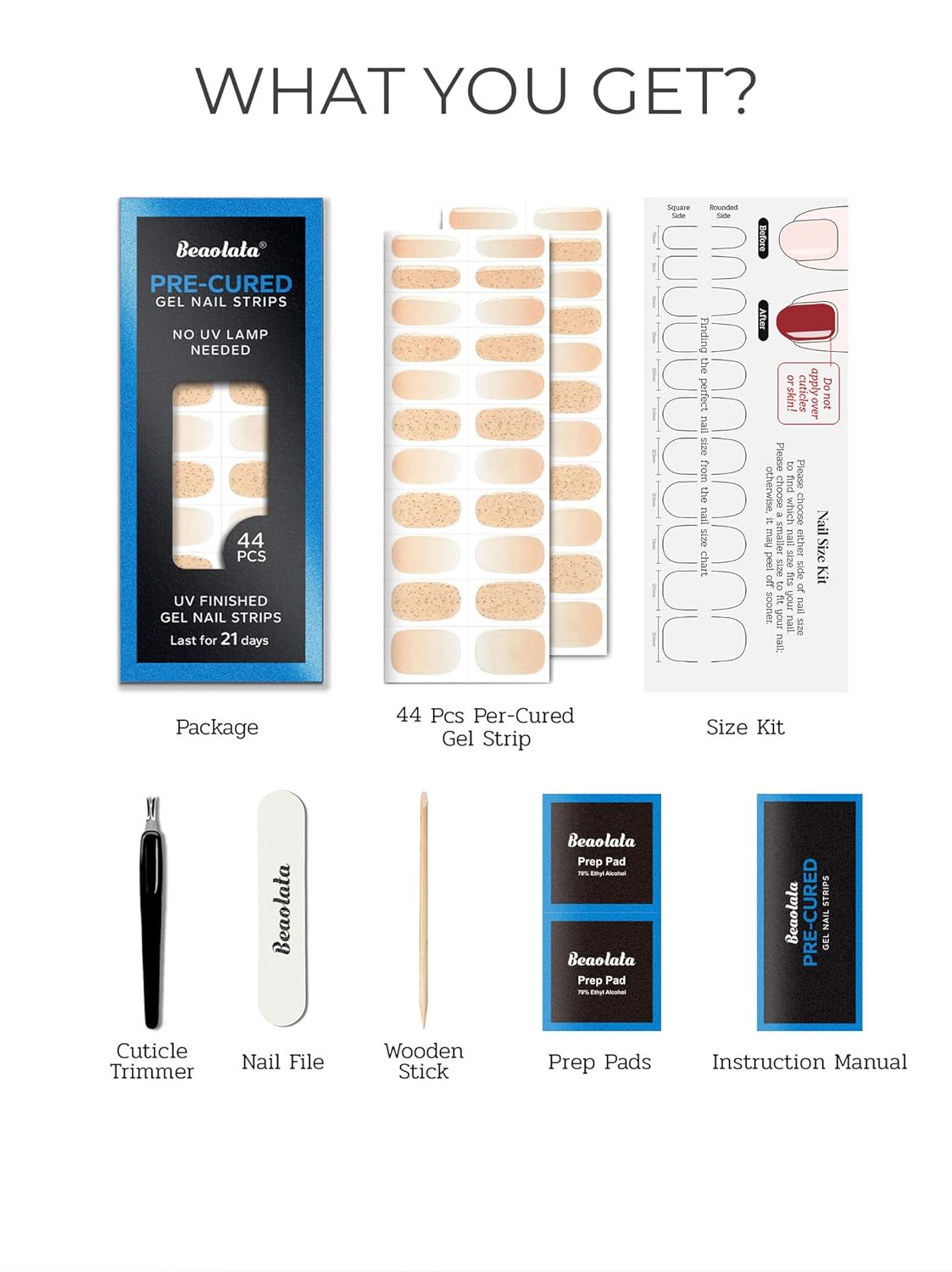 Pre Cured Gel Nail Strips - 44PCS Salon Quality Gel Nail Stickers - Long Lasting Polish Wraps for Women no UV Light Needed Easy Apply& Remove (Crush Gold）