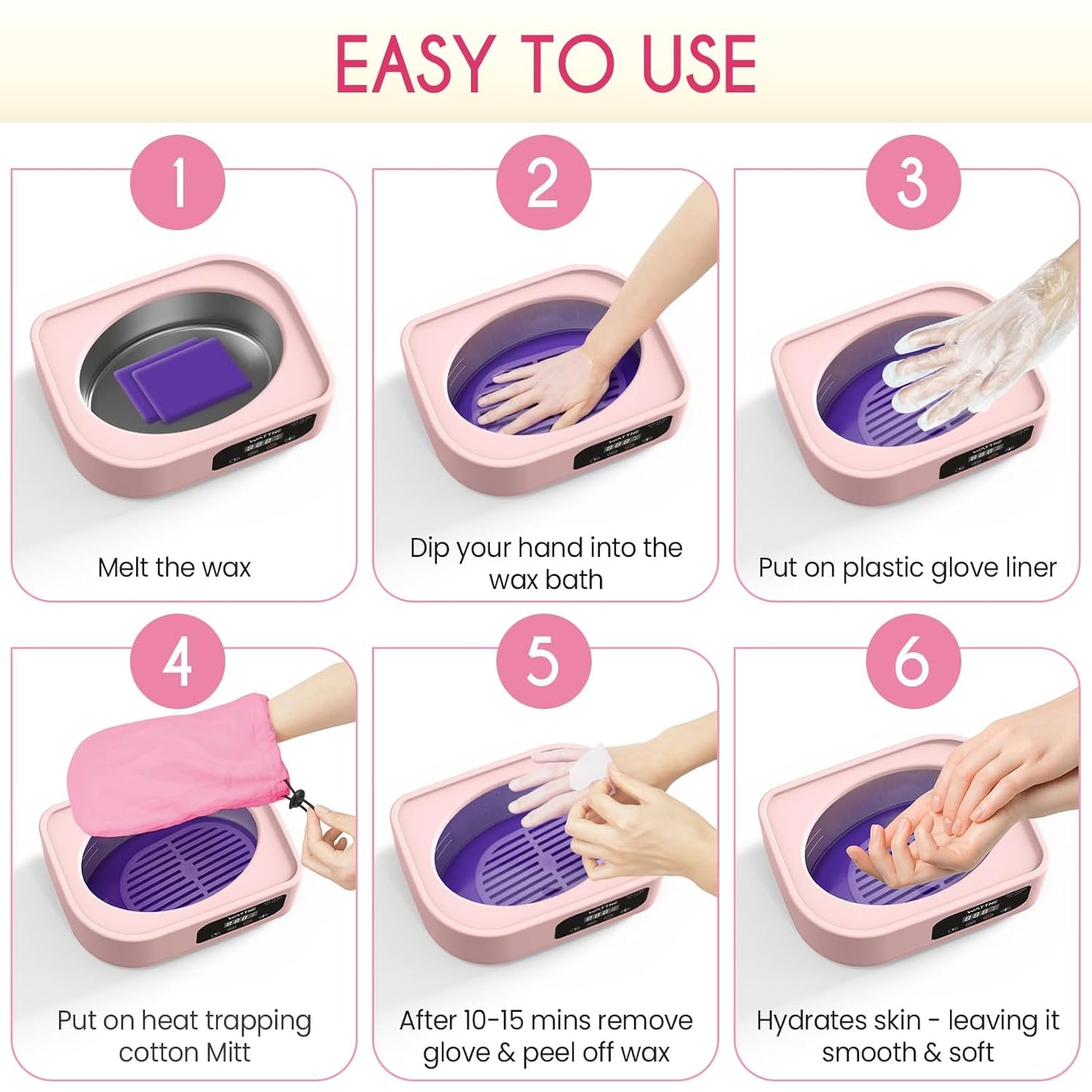 Wattne Paraffin Wax Machine for Hands & Feet – Paraffin Wax Warmer Moisturizing Kit with Auto-Timer & Precision Temperature Control, Paraffin Wax Bath for Arthritis, Dry Skin Care, Home Spa-Pink