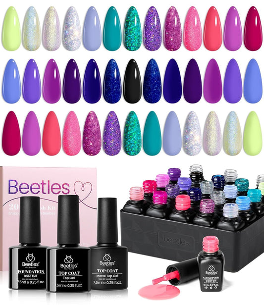 Beetles 20 Colors Gel Nail Polish Kit Midnight Euphoria Collection 23 Pcs Purple Blue Hot Pink Glitter Gel Polish Set Rainbow Soak off Uv Glossy & Matte Top Base Coat Gift for Women | alldaygood beauty