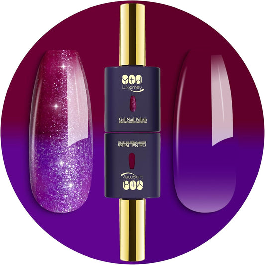 YTD Likomey Color Changing Gel Nail Polish 2 Pcs Set,15ml Purple To Dark Wine Red Pure Color and Glitter Nails Gel Kit,Thermal Ombre Change Colors Salon Manicure Fall Winter UV Varnish,WB2-7 | alldaygood beauty