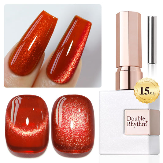 Double Rhythm 0.5 OZ Cat Eye Gel Polish with Magnet 15ML Holographic Glitter Shimmer Translucent Jelly Color Magnetic Nail Polish Salon DIY at Home (Red-MC1055) | alldaygood beauty
