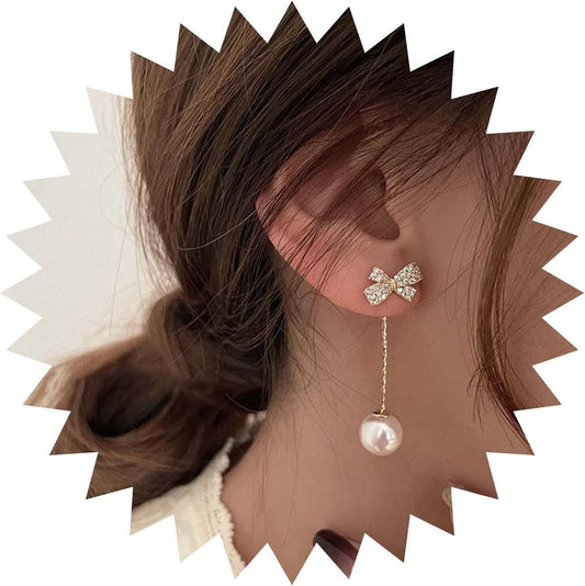 Boho Pearl Tassel Drop Earrings Vintage Gold Butterfly Bow Studs Earrings Statement Pearl Ball Drop Dangle Earrings Wedding Prom Bridesmaid Pearl Earrings Jewelry for Women