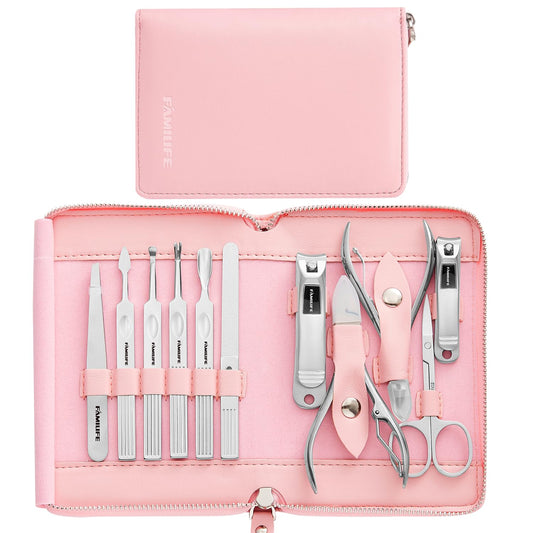 FAMILIFE Manicure Set Professional Manicure Kit Nail Kit - 11PCS Gifts for Her Nail Clippers for Women Stainless Steel Pedicure Sets Pink Leather Case | alldaygood beauty