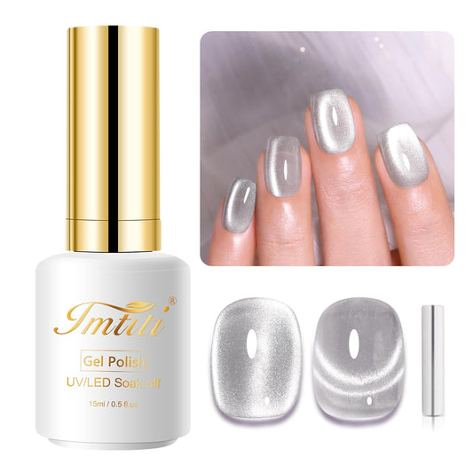 Imtiti Moonlight Cat Eye Gel Nail Polish, 15ml Nude Silver Holographic Crystal Diamond Cat Eyes Glitter UV Soak Off Gel Polish with Magnetic Stick for Summer 1Pcs | alldaygood beauty