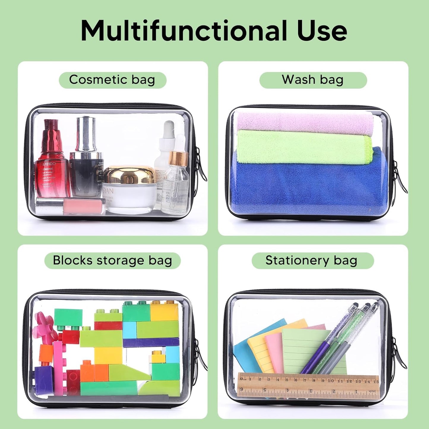 4 Pack 7.5x5.1x2.8 inch Clear Hard Zipper Pouch,Portable Waterproof Cosmetic Bag with Zipper,Makaup Bag,Toy Storage Organizer Bins,Hard Plastic Case for Organizing,Pencil Case