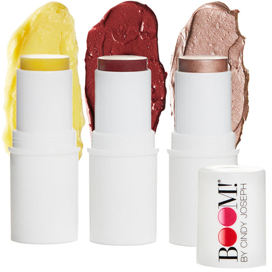Boomstick Trio ® Color 3 Pack Cream Blush Makeup, Color Blush Stick, Highlighter Stick & Moisturizer for Cheeks, Eyes & Lips, Blendable Vegan Boom Sticks by Cindy Joseph for Older Women, BOOM Beauty | alldaygood beauty
