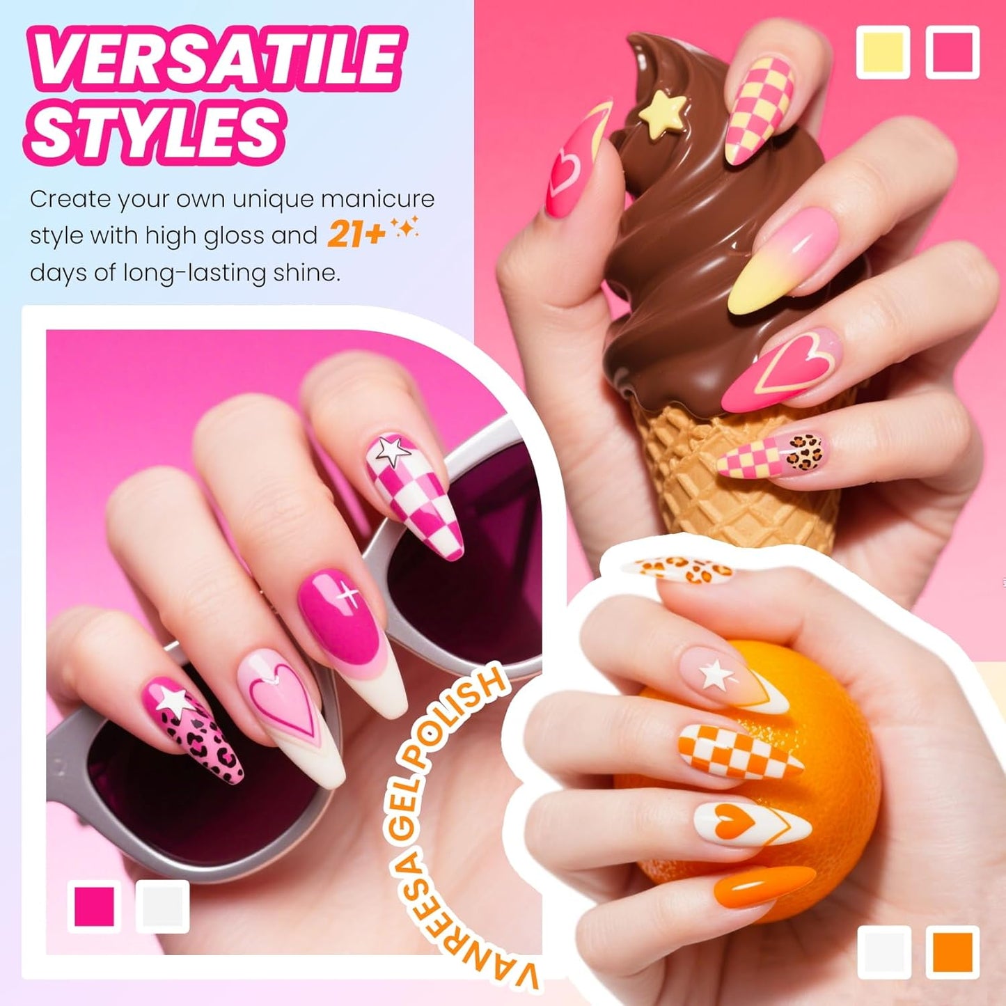 VANREESA 24 Pcs Gel Nail Polish Set, 21 Colors Gel Polish with Base Coat Glossy & Matte Top Coat Yellow Green Blue Pink Purple Orange Gel Polish Kit Nail Kit Gifts for Women Girls