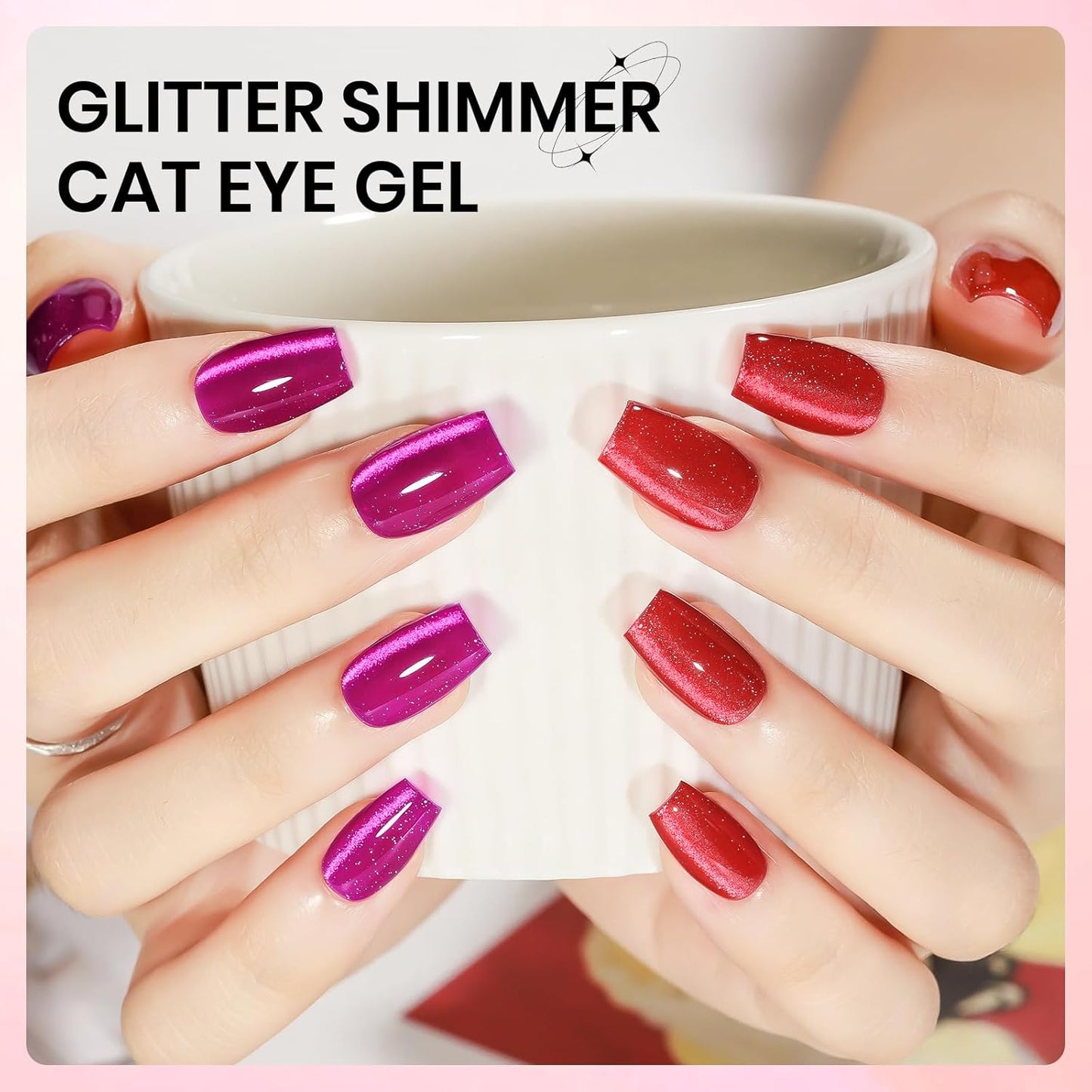 2PCS 15ML Cat Magnetic Eye Gel Nail Polish, Red Hot Pink Cateye Gel Nail Polish Holographic Glitter Shimmer Effect with Magnetic Stick Soak Off Salon DIY at Home