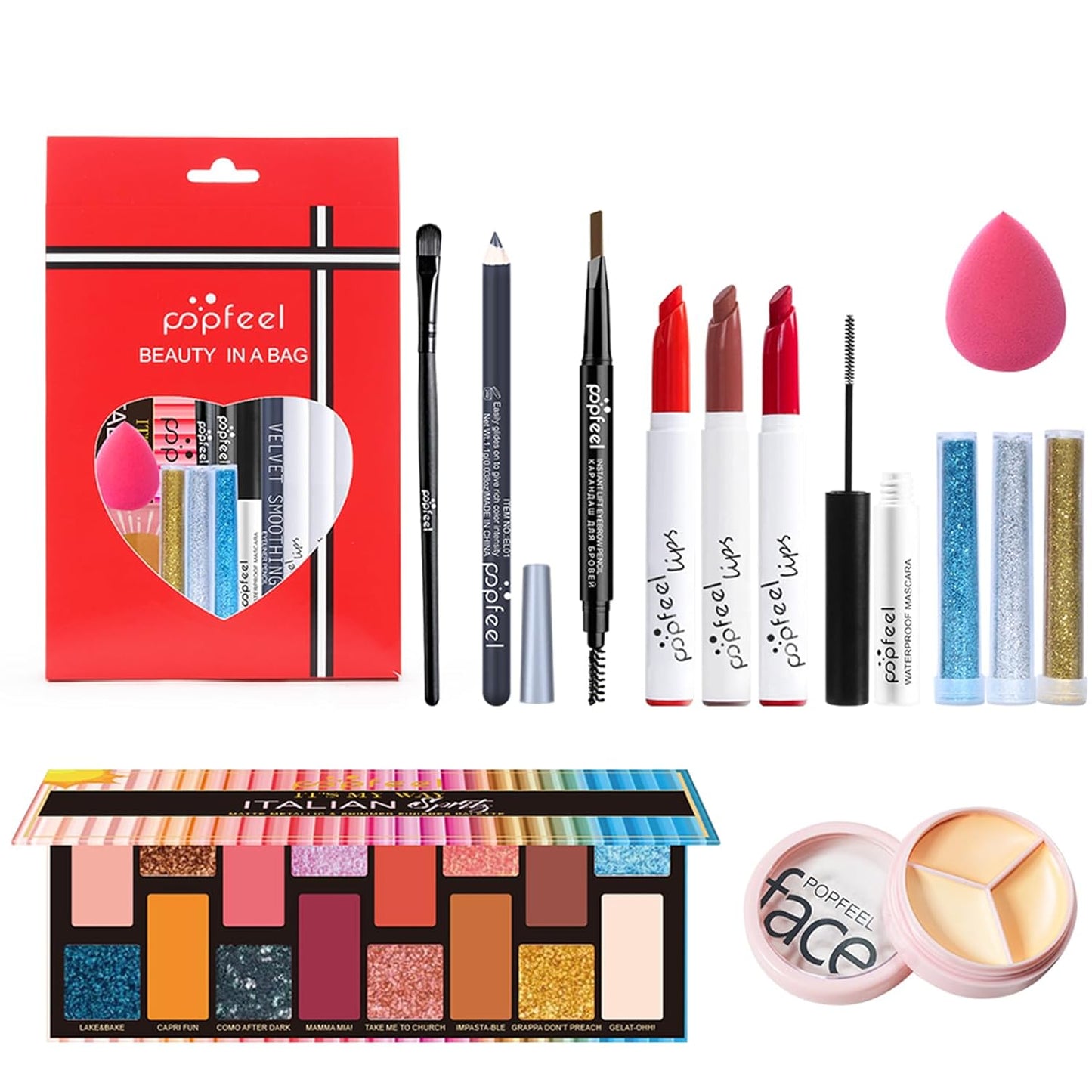 All-in-one Holiday Makeup Gift Set | Full Makeup Kit for Women Multipurpose Essential Bundle Include Eyeshadow Palette Lipstick Blush Concealer Face Powder Eyeliner Mascara Lipgloss Brush