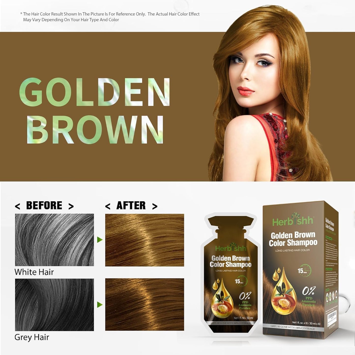 Golden Brown Hair Shampoo, Hair Color for Gray Coverage, 3 in 1 Hair Dye Shampoo - champu para tenir el cabello, Colors in Minutes, Easy to Use PPD Free Pouch 30mlx10p