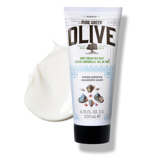 KORRES Olive Body Lotion for Dry Skin, Moisturizer Cream with Vitamin E, Aloe and Pure Greek Olive Oil for Body Care, Hydrating and Nourishing for Smooth, Supple Skin, Sea Salt Scented, 6.76 fl oz | alldaygood beauty
