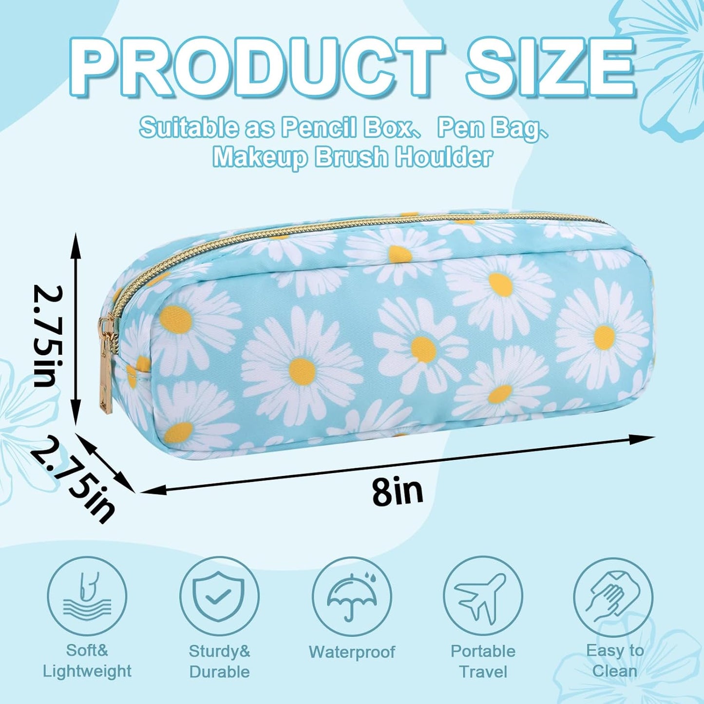 Waterproof Small Floral Pencil Case Makeup Bag for Purse,Cute Flower Pencil Pouch Preppy Nylon Makeup Brush Holder with Zipper,Girls Portable Storage Case Small Pen Bag for Work(Slim Blue-Daisy)