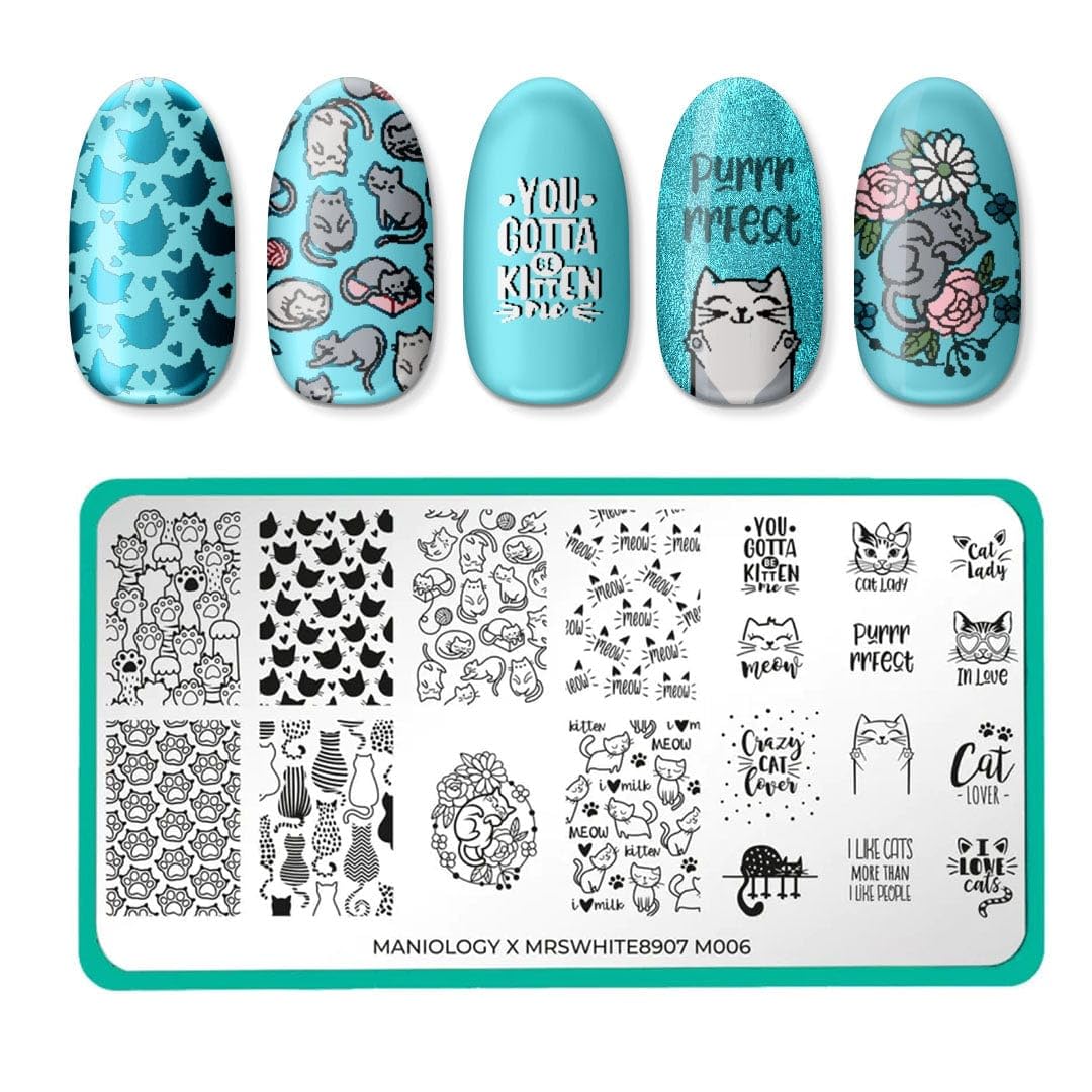 Maniology On the Prowl Nail Stamping Starter Kit | Cat-Themed Nail Art, Playful Kittens, Paw Prints & Whisker Designs DIY Manicures – Includes Stamping Plate, Polish, Top Coat, Stamper & Scraper Card