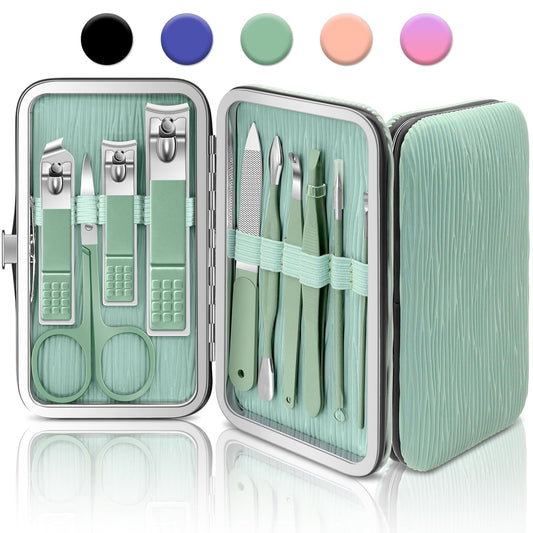 BLESWIN 10-Piece Nail Care Kit, Professional Manicure Set with Green Leather Case, Ideal for Women & Men | alldaygood beauty