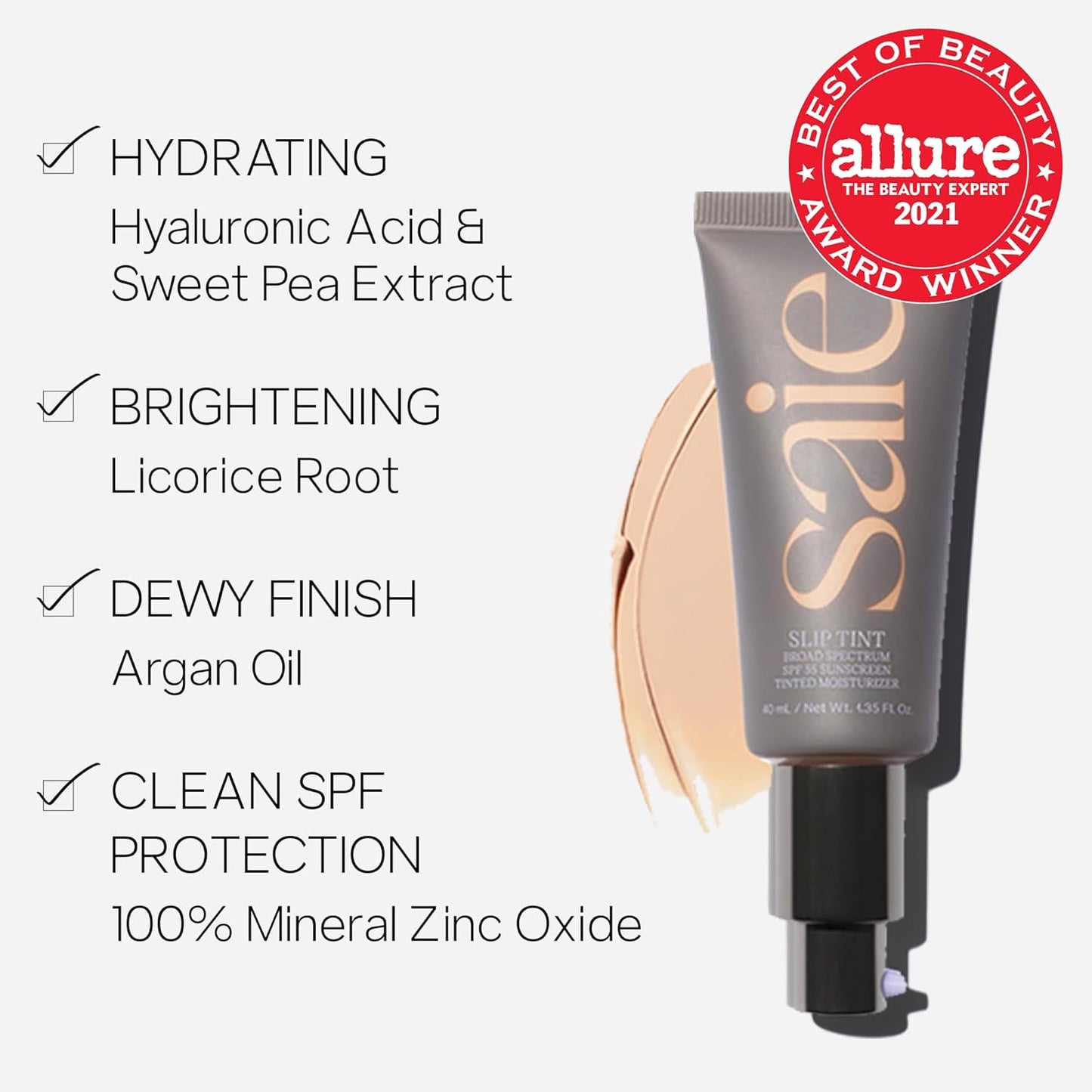 Saie Slip Tint Tinted Moisturizer with SPF 35 - Light Coverage, Glowy Skin Tint & Mineral Sunscreen for Face with Hydrating Hyaluronic Acid - Summer Makeup Essential - Shade Three (1.35 oz)