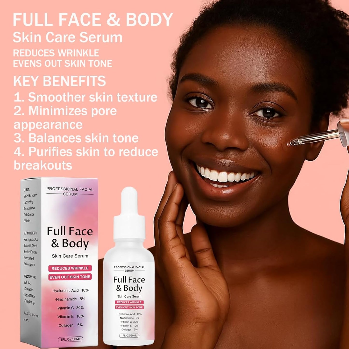 Finones Skin Vitamin Serum for Face & Body, 5 in 1 Anti Wrinkle Firming Serum, Anti-Aging Essence with Hyaluronic Acid, Collagen, Lifting Firming Essence, Hydrate Moisturize, Reduce Fine Lines