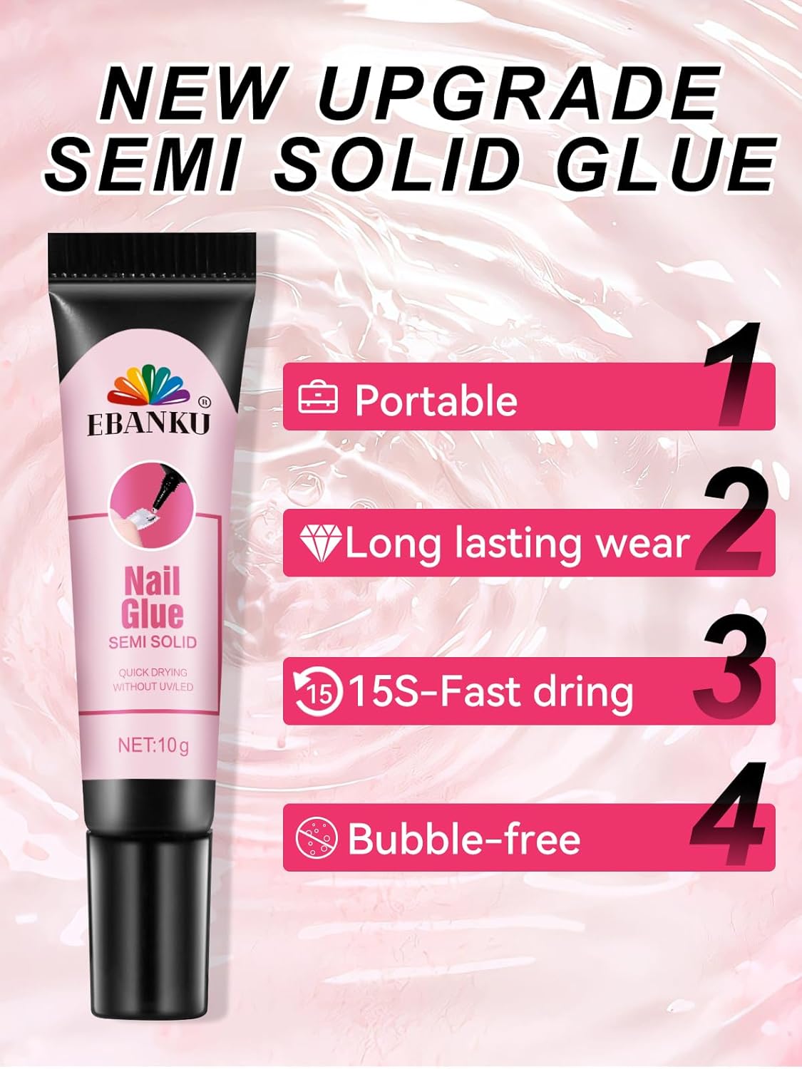EBANKU 4PCS Solid Nail Glue Gel with Nail Dehydrator and Primer, Fast Dry Solid Semi Nail Glue No Uv Light Needed, Nail Prep Dehydrator & No Lift Nail Primer Nail Supplies for Long Lasting Nail Techs