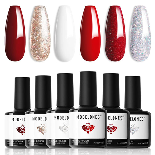 modelones Red Gel Nail Polish Set 6 Colors, 2025 Fall Winter White Glitter Sparkle Bright Burgundy Dark Rose Champagne Silver Candy Cane Nail Polish Kit Soak Off Nail Art Salon DIY Gift Women | alldaygood beauty