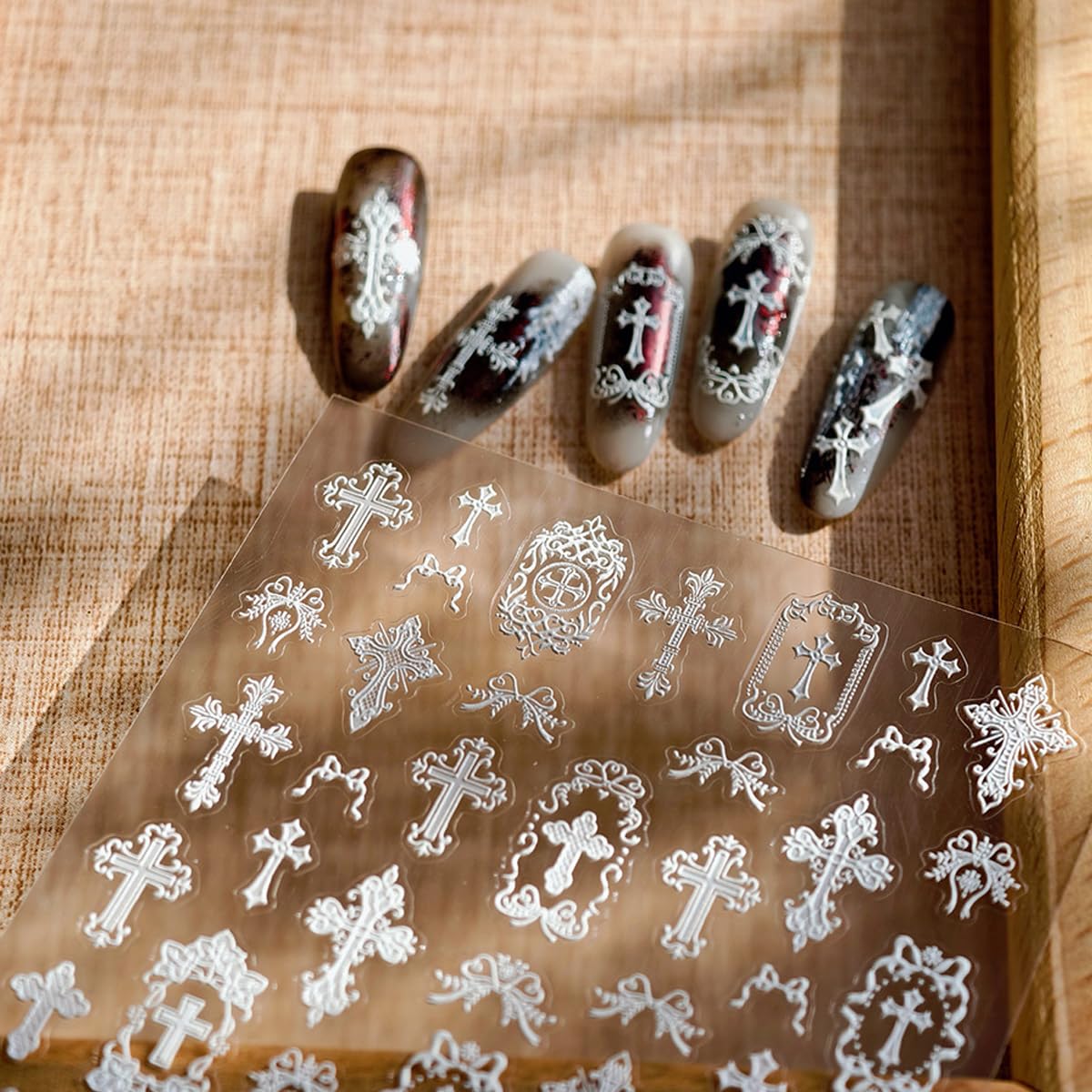 White Lace Cross Nail Art Stickers, 5D Embossed Manicure Decals for Nail Art Design Self-Adhesive Nails Supplies Accessories for Women