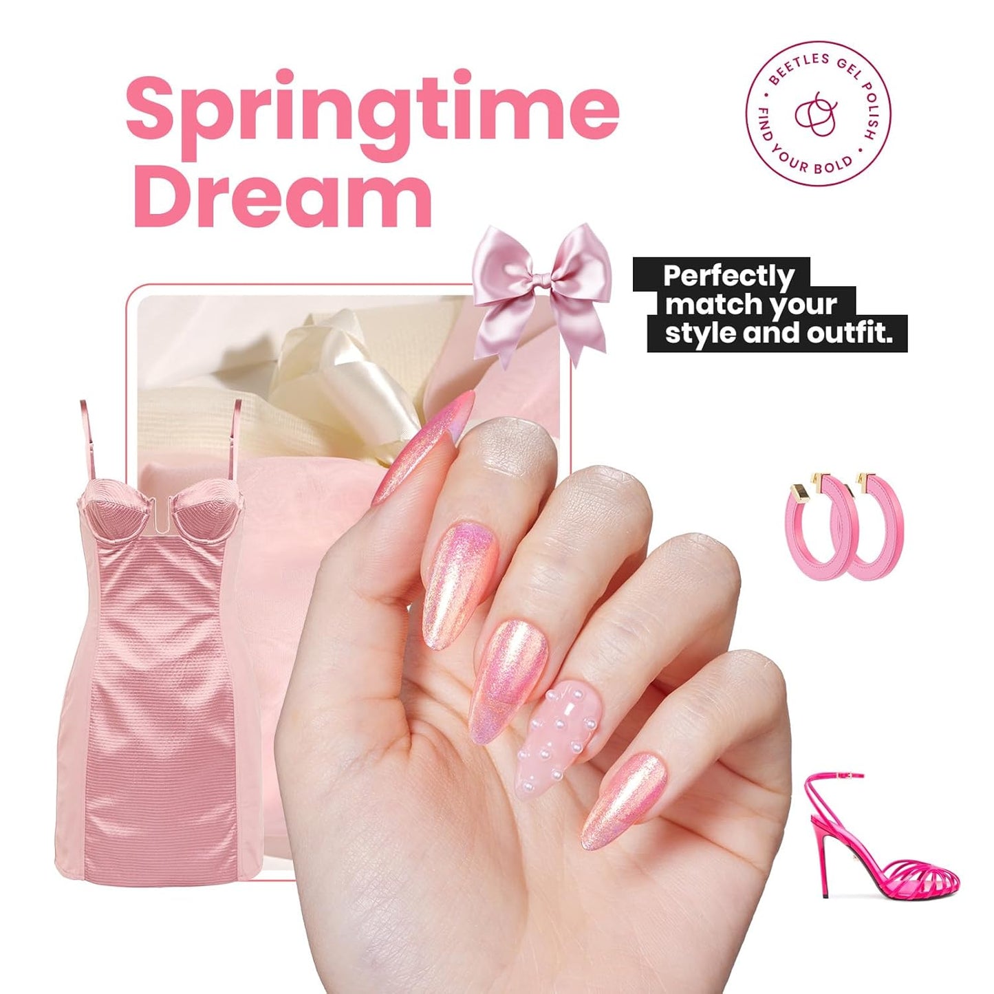 Beetles Pink Nail Polish - 15ML Quick Dry Nail Polish Glitter Gold Pink Nail Lacquer Shimmer Fingernail Polish Art Effect for Nail Salon-Quality