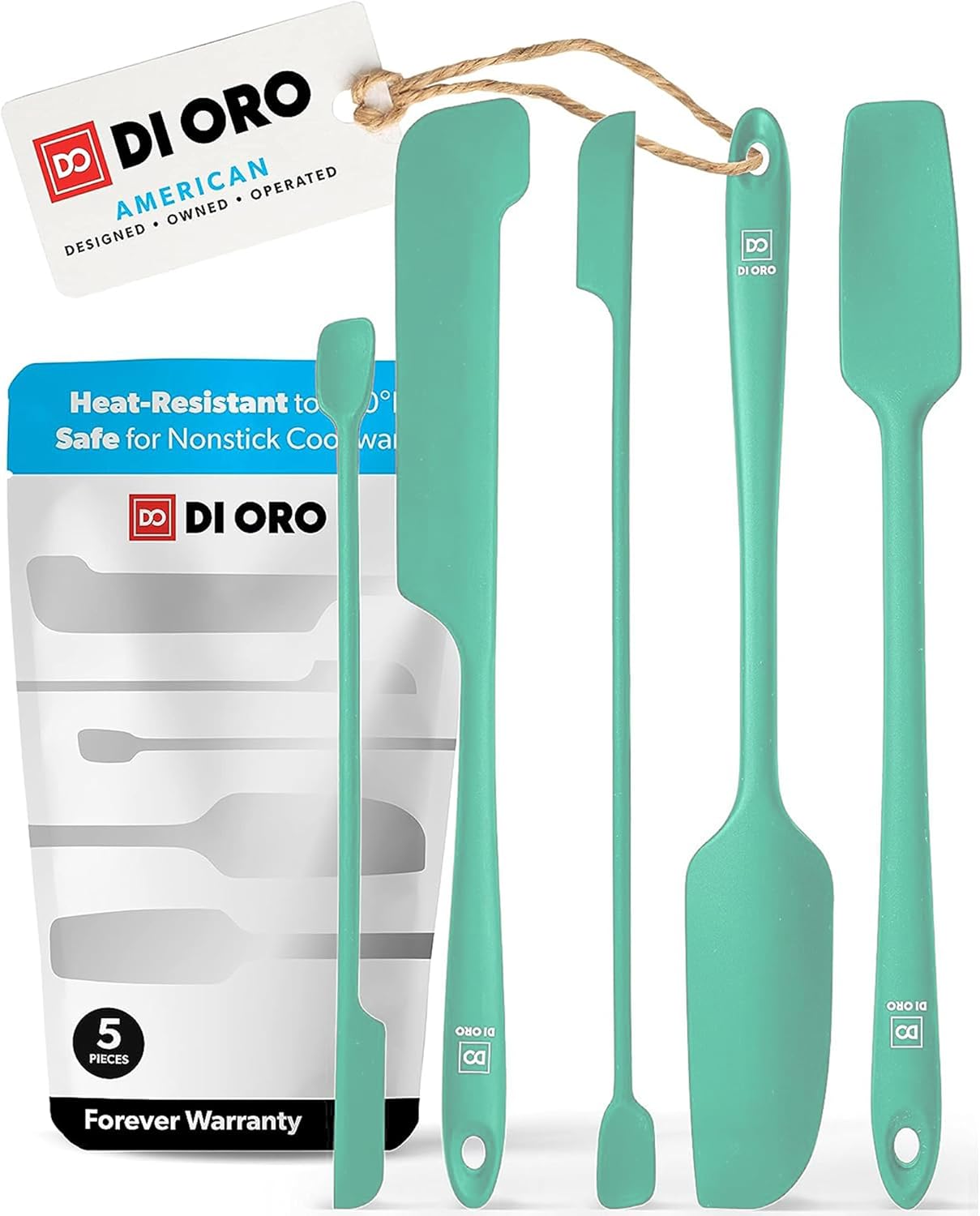 DI ORO Silicone Jar Spatulas for Scraping - Rubber Spatulas Silicone Heat Resistant - Kitchen Spatulas Nonstick Cookware Safe - Silicone Utensil Set for Blenders, Mixing, Baking, & Makeup (5pc, Mint)