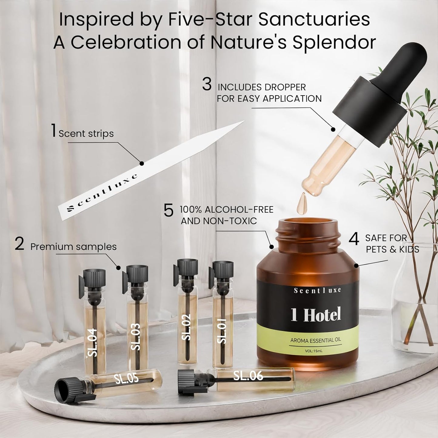 Essential Oil & Aromatherapy Diffuser Oils by The 1 Hotel Scent - Pepper, Lemon, Patchouli Notes. Premium 15mL Glass Dropper Bottle for Ultrasonic/Waterless Diffusers, Crafting 5-Star Hotel Fragrance