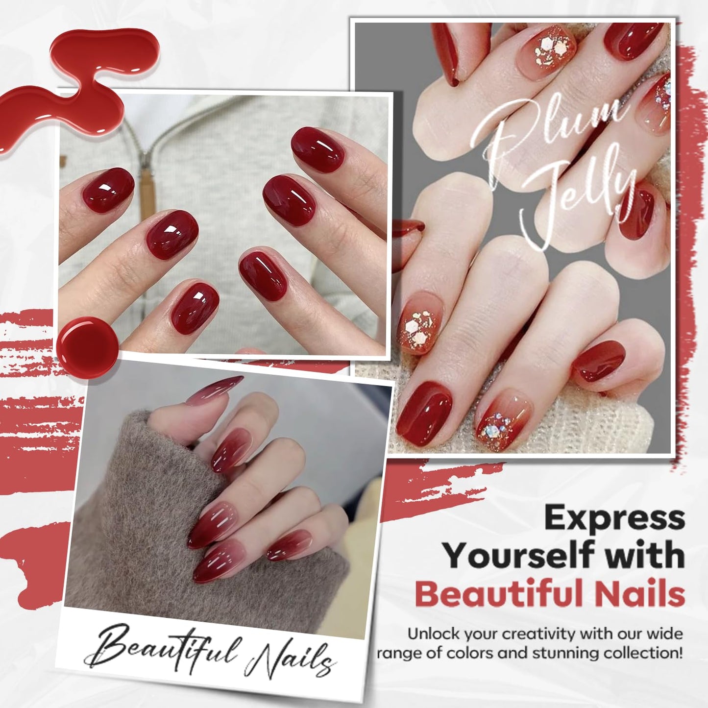 modelones Jelly Red Nail Polish, Sheer Dark Red Clear Translucent Semi-Transparent 15 ml Quick Dry Nail Lacquer Strengthener Long Last Finger Toe Nail Art DIY Manicure Gift for Women Girls 0.5 Fl Oz