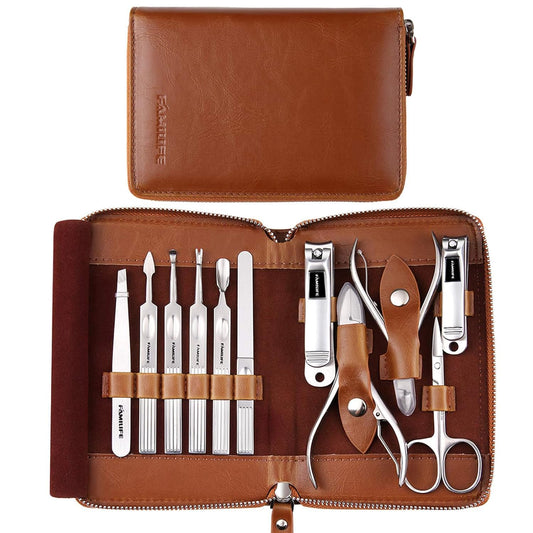 FAMILIFE Manicure Set, Professional Manicure Kit Nail Clippers Set 11 in 1 Stainless Steel Pedicure Tools Nail Kit Men Grooming Tool with Portable Brown Leather Travel Case Luxury Gifts for Him | alldaygood beauty