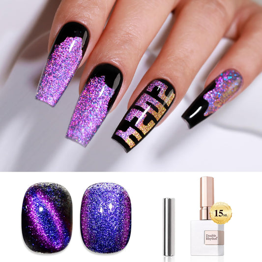 Double Rhythm Cat Eye Gel Polish with Magnet 15ML Holographic Glitter Shimmer Translucent Sheer Color Jelly Glass Magnetic Gel Polish Salon DIY at Home (Purple Blue-MC1074) | alldaygood beauty