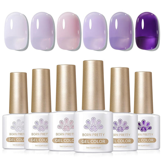 Born Pretty Jelly Purple Gel Nail Polish 6 Colors Purple Violets Colors Gel Polish Kit Soak Off Nail Polish Kit Collection Nail Art Gel Manicure Set DIY at Home Salon Gifts | alldaygood beauty
