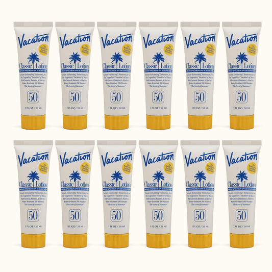 Vacation Mini Classic Lotion SPF 50, Water-Resistant, Mini Sunscreen Bulk Party Favor, Beach Must Haves, Traveling Essentials, Suntan Lotion Travel Size, 1 Fl. Oz. (Value Pack of 12) | alldaygood beauty