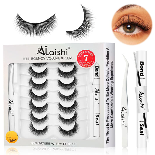 Wispy False Eyelashes Kit With Bond, Seal and Tweezer, 7 Pairs Natural Look Fake Cat Eye Lashes Strips Thin Band Extensions Waterproof Easy Eyelashes for Beginners RQ11