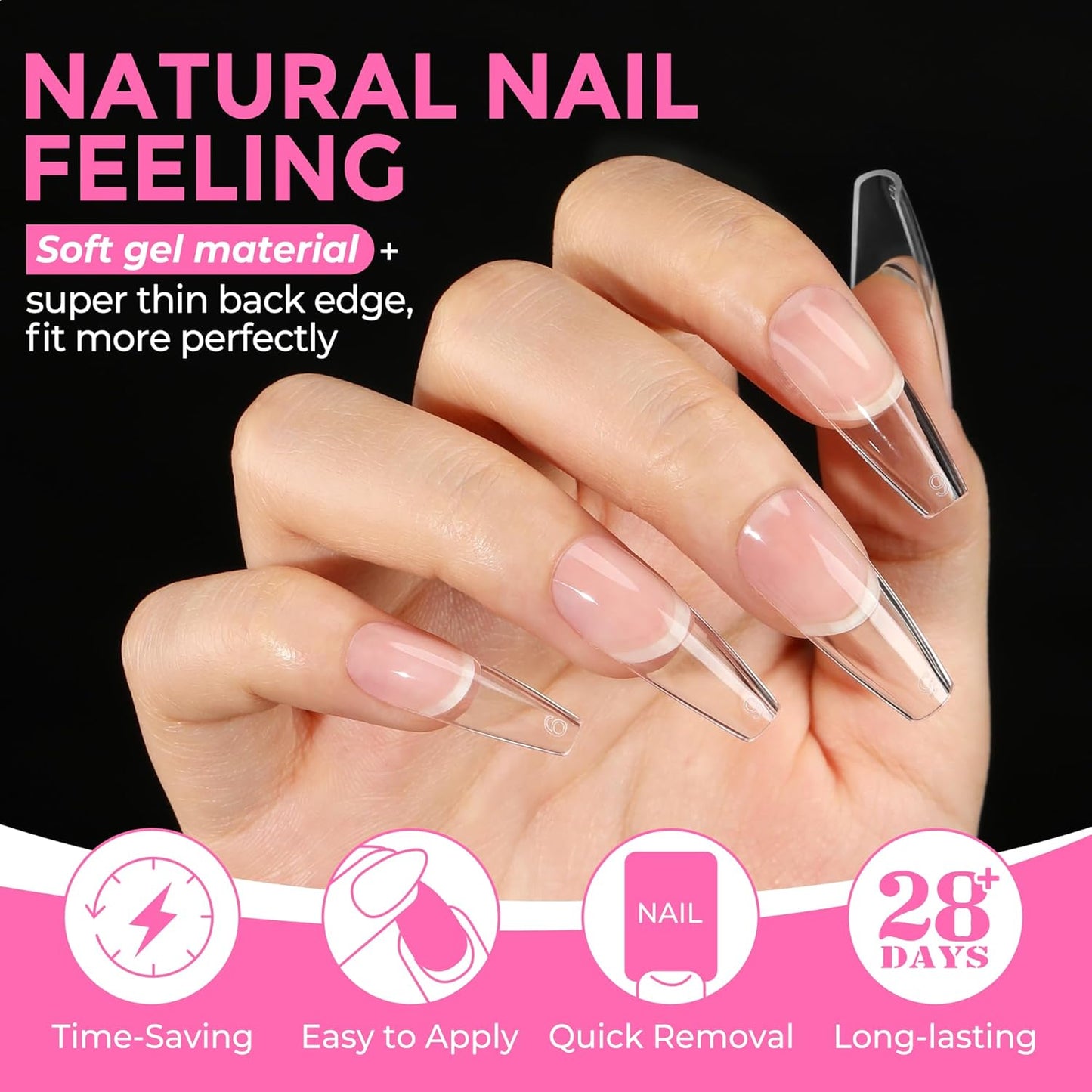 UNA GELLA Long Coffin Nail Tips: 216pcs Coffin Acrylic Fake Nails Full Cover Gel Nail Tips Press On Nails Clear Tips for Nail Extension DIY Salon 12 Sizes