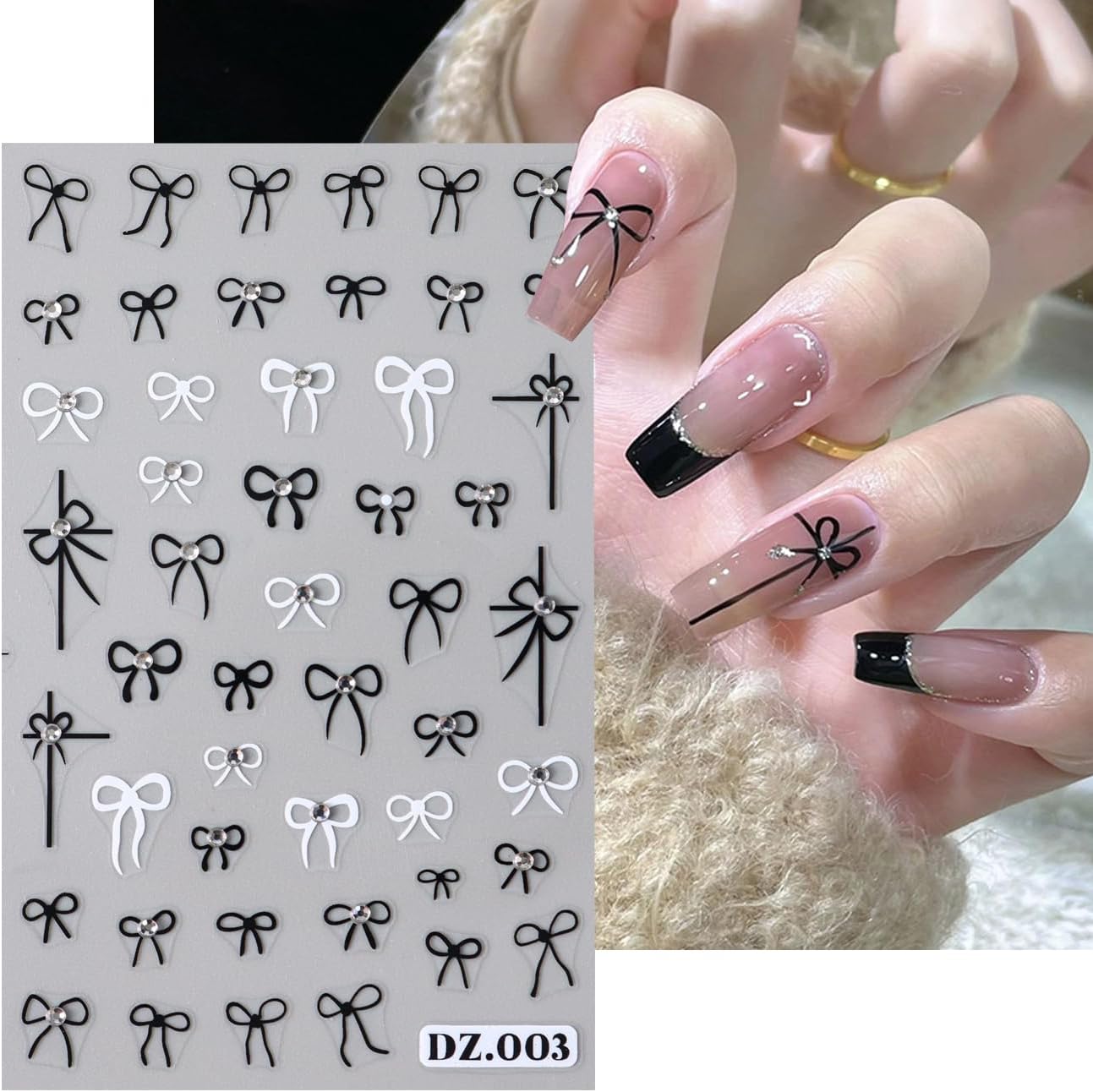 4Sheets Bow Nail Stickers for Nail Art Set, Bow 3D Nail Art Sticker Self-Adhesive Black White Red Bow Shiny Clear Diamond Nail Designs Cute Bow Decals for Women Girls Bow-Knot Manicure Decorations