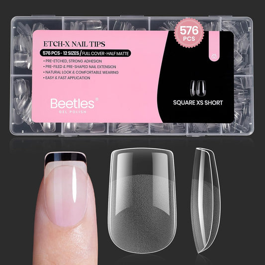 Beetles Short Square Nail Tips: 576PCS 12 Sizes XS Short Square Half Matte Clear False Acrylic Press on Nails Tips Pre-shape Full Cover Nail Tips Nail Extension DIY | alldaygood beauty